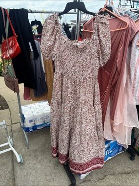 Francesca's Collections Floral Smocked Midi Dress in Cream and Maroon
